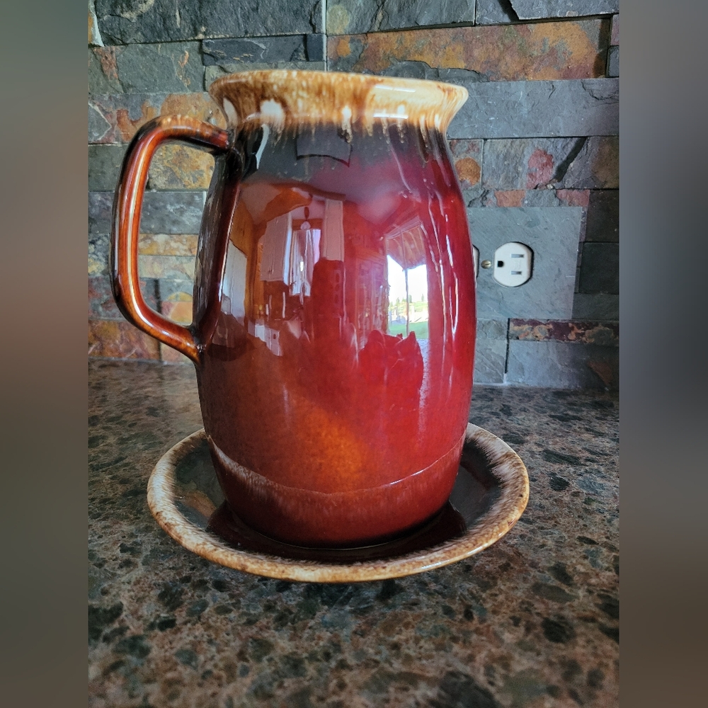 Vintage Hull Oven Proof 6.5” Brown Drip Glaze Pottery Pitcher USA & Plate‎ - Picture 9 of 13